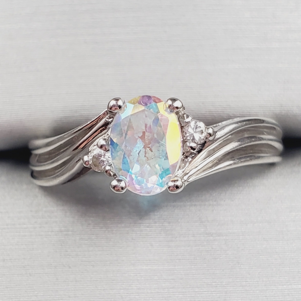 10k Solid White Gold Oval Mercury Mystic Topaz & Round Simulated Diamond Ring
